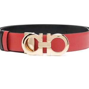 Salvatore Ferragamo Double Gancini Reversible Red/Black Belt Gold Buckle Sz 95
